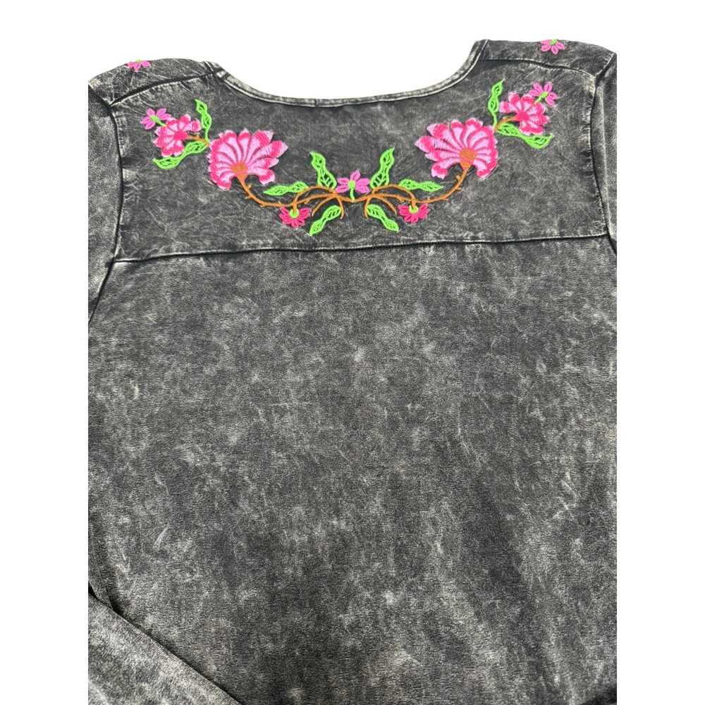 T-Party Vintage Y2K Whimsigoth Mineral Wash Floral Embroidered Bell Sleeve Tunic - Picture 3 of 5
